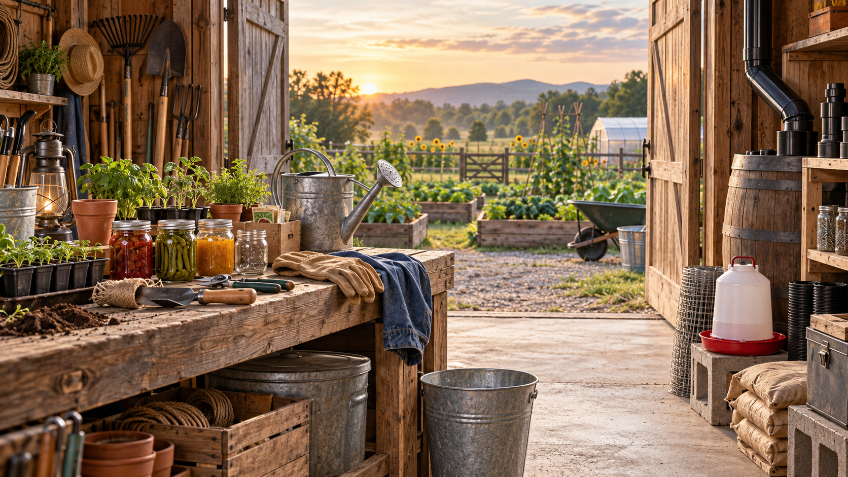 Homestead workbench with garden, preserving, poultry, water, and repair supplies